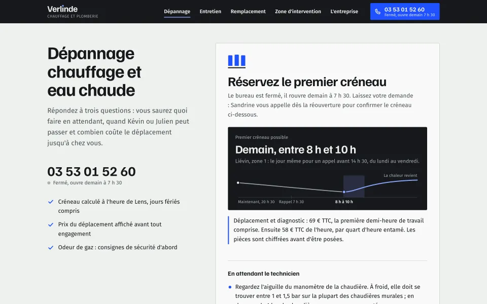 Diagnostic de panne de Chauffage Verlinde un soir, bureau fermé : premier créneau proposé le lendemain entre 8 h et 10 h à Liévin, prix du déplacement affiché et courbe de la température qui remonte