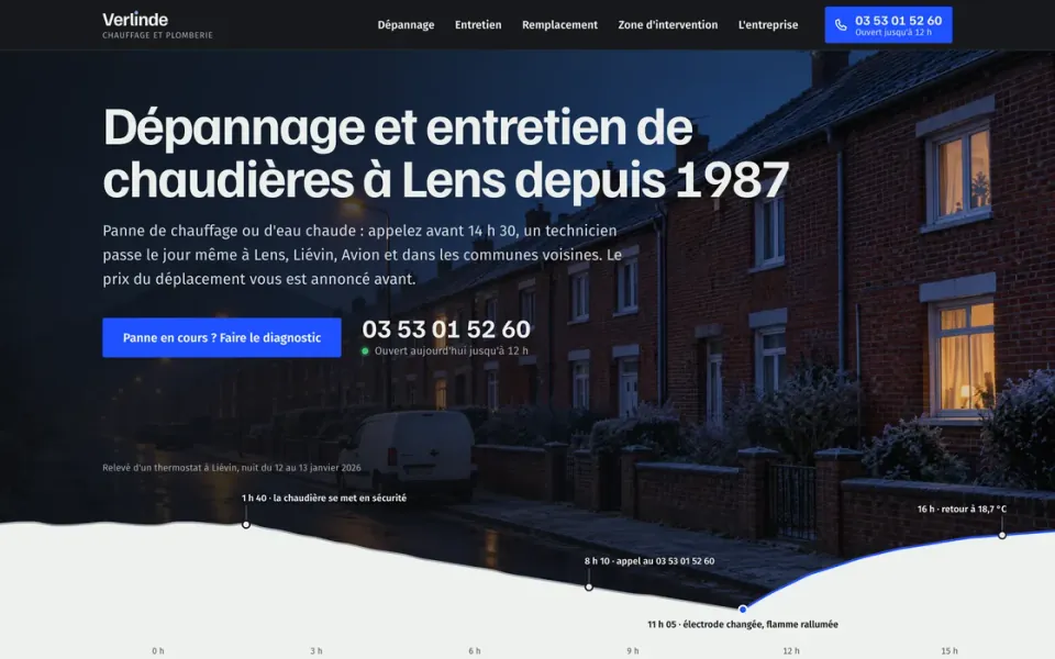 Site de démonstration du chauffagiste fictif Chauffage Verlinde à Lens : rue de maisons de brique à la nuit tombée, titre « Dépannage et entretien de chaudières à Lens depuis 1987 », bouton Panne en cours ? Faire le diagnostic et courbe de la température d'une nuit de panne