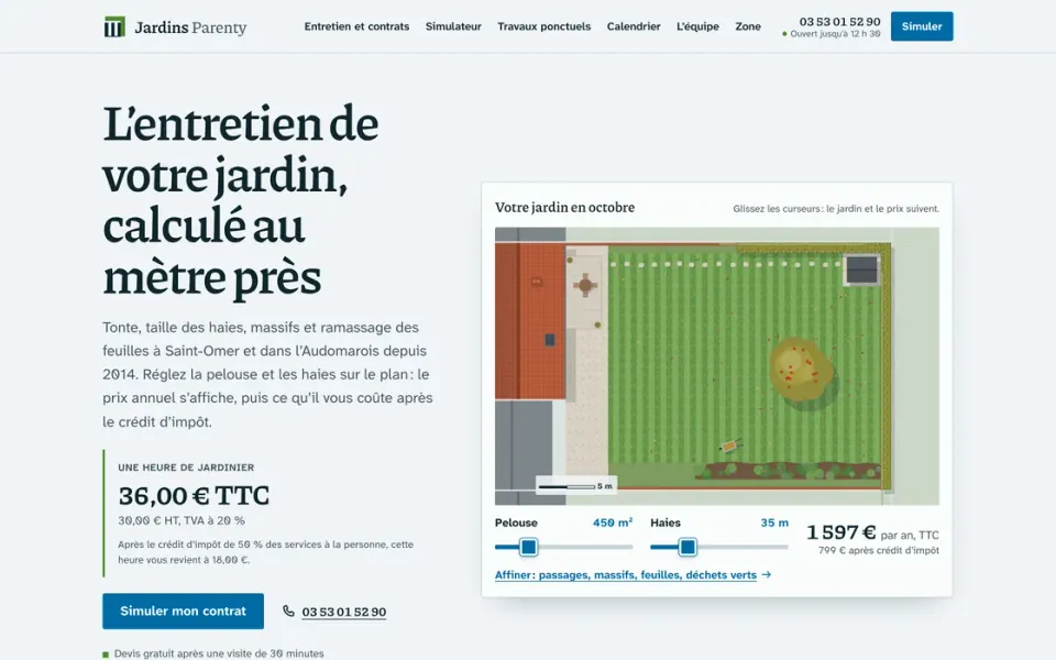 Site de démonstration du jardinier fictif Jardins Parenty à Saint-Omer : titre « L'entretien de votre jardin, calculé au mètre près », prix de l'heure de jardinier et plan du jardin vu du dessus avec les curseurs de la pelouse et des haies et le prix annuel